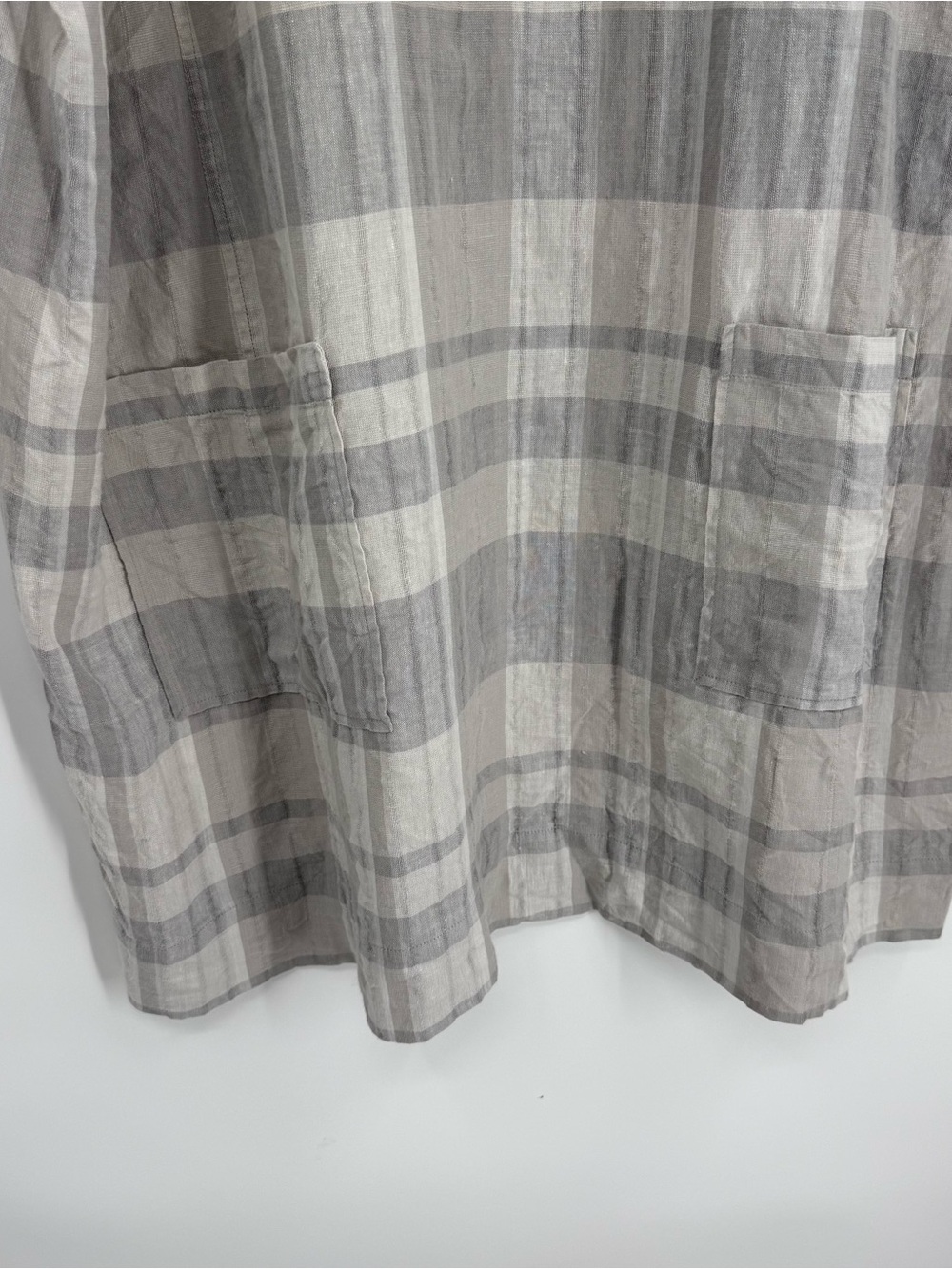Eileen Fisher Shift Dress Size 3X Organic Linen Cotton Plaid V-Back Pockets Gray - Picture 4 of 10